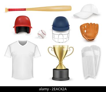 Set di attrezzature da baseball, illustrazione con isolamento vettoriale. Uniforme realistica da giocatore di baseball, attrezzatura da catcher e coppa vincitrice. Illustrazione Vettoriale