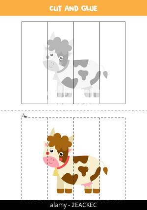 Taglia e colla gioco per bambini. Carino mucca fattoria. Illustrazione Vettoriale