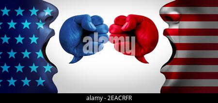 La crisi americana e gli Stati Uniti discutono o le questioni sociali americane discutono e la guerra politica come un conflitto culturale con due parti opposte come conservatori. Foto Stock
