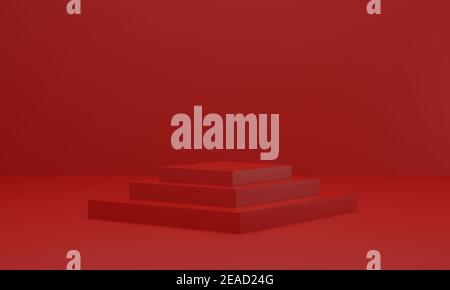 Piattaforma rossa vuota per mostrare il prodotto. Podio in studio rosso. rendering 3d Foto Stock
