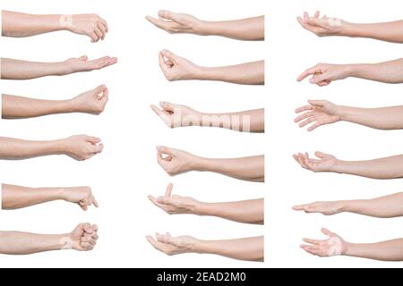 Set multiplo di gesti delle mani dell'uomo isolati su sfondo bianco. Con tracciato di ritaglio. Foto Stock