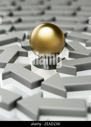 Sfera d'oro che si trova al centro delle frecce bianche rotanti a forma di elica. Illustrazione 3D. Foto Stock