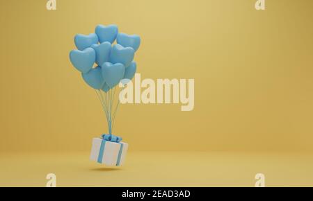 rendering 3d. Scatola regalo bianca con nastro blu e palloncino cuore su sfondo giallo. Concetto minimo. Foto Stock