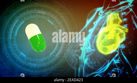 cuore colpito da cura, cg medico 3d illustrazione Foto Stock