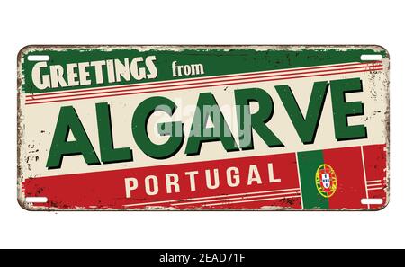 Saluti da Algarve vintage arrugginito piatto di metallo su uno sfondo bianco, illustrazione vettoriale Illustrazione Vettoriale