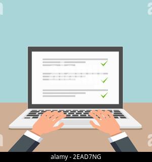 Laptop con checklist online design piatto. Vettore Illustrazione Vettoriale