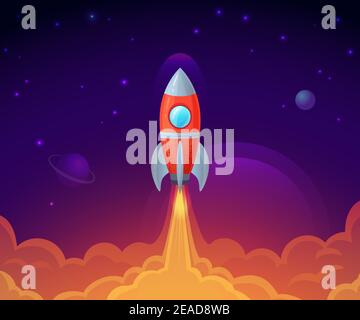 Lancio della nave spaziale. Navetta volante con fiamma o fuoco. Razzo futuristico in cosmo con pianeti e stelle Illustrazione Vettoriale