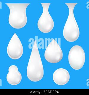Gocce di latte. Yogurt realistico, crema o gocce cosmetiche bianche. Mousse, gel o lozione per la cura della pelle. Set vettore di latte di mandorla o cocco gocciolante Illustrazione Vettoriale