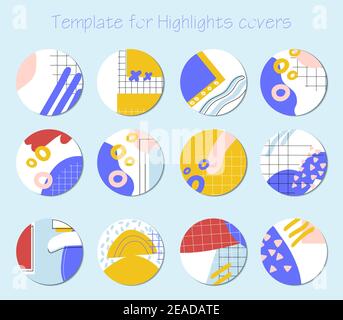 Set di copertine vettoriali di tendenza. Sfondi astratti. Varie forme, linee, punti, mesh. Modelli disegnati. Badge rotondi moderni per i social media Illustrazione Vettoriale