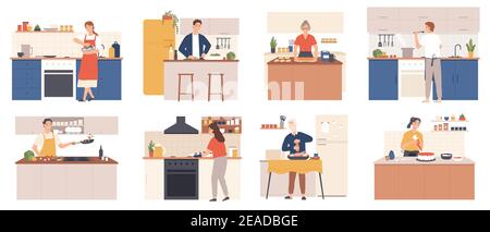 Persone che cucinano a casa. Uomini e donne che preparano cibo in cucina interiore. I personaggi cuocono, friggono e bollono il pasto. Set vettoriale culinario Cartoon Illustrazione Vettoriale