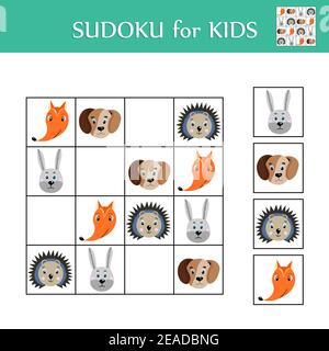 Gioco Sudoku per bambini con immagini. Scheda attività Logic Kids. Colorati animali carini. Tessera educativa per bambini. Poster matematico per bambini. Scuola Illustrazione Vettoriale