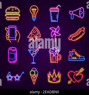 Icone al neon. Luce brillante per una festa in discoteca. Cartelli del night club o del bar. Burger, pizza, cocktail, mano con telefono e bicchieri di moda vettoriale set Illustrazione Vettoriale