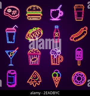 Fast food al neon. Icona luminosa per caffè e bar con hamburger, popcorn, hot dog, caffè e pizza. Set vettoriale per cocktail e beer club Illustrazione Vettoriale