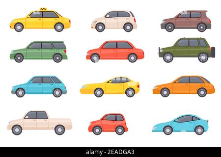Auto piatte. Vista laterale veicolo Cartoon. Taxi, minivan, mini auto, suv e pick-up. Icone di trasporto automatico della città. Set vettoriale di progettazione di automobili Illustrazione Vettoriale
