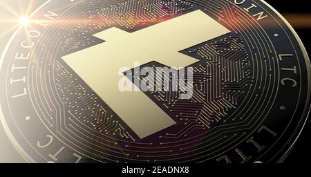Un closeup di una criptovaluta litecoina fisica in oro e. Forma a moneta d'argento su sfondo scuro dello studio - rendering 3D Foto Stock