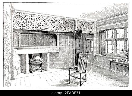 Arte e artigianato interni, Cliff Towers, Salcombe Devon, Drawing Room Camino design di architetto C Harrison Townsend 1898 volume 13 Studio Magazine Foto Stock