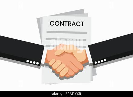 Immagine vettoriale handshake uomo d'affari, firma del contratto. Background per il business e la finanza. Firma del documento Illustrazione Vettoriale