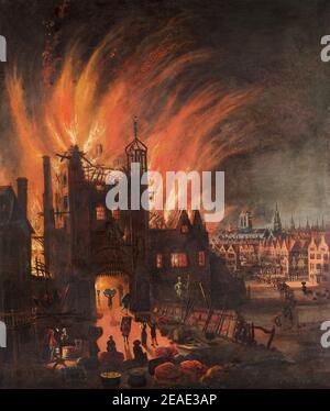 GRANDE INCENDIO DI LONDRA, SETTEMBRE 1666. Vicino alla pittura contemporanea di artista sconosciuto che mostra Ludgate in fiamme e St Pauls Cathedral a destra a distanza che cattura il fuoco. Foto Stock