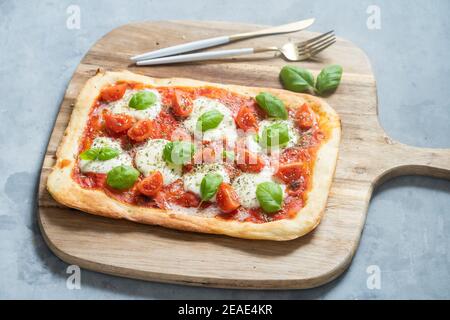 pizza con salsa di pomodoro e mozzarella Foto Stock