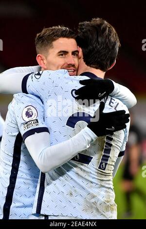 Sheffield, Regno Unito, 07 febbraio 2021. Jorginho di Chelsea celebra il secondo obiettivo del gioco. Credit: Anthony Devlin/Alamy Live News Foto Stock