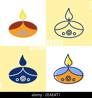 Holiday Diwali candela icona set in stile piatto e linea. Sorgente luminosa luminosa con fiamma bruciante. Decorazioni tradizionali. Illustrazione vettoriale. Illustrazione Vettoriale