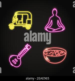 Icone in India in stile neon brillante. Simboli tradizionali tra cui posa yoga, chitarra sitar, risciò e cibo curry. Illustrazione vettoriale. Illustrazione Vettoriale