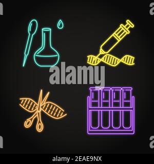 Set di icone al neon di concetto degli strumenti di ricerca di laboratorio. Illustrazione vettoriale. Illustrazione Vettoriale
