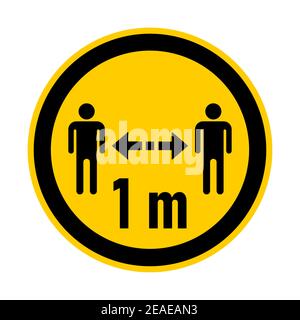 Mantenere la distanza 1 m o 1 metro rotondo Coronavirus adesivo di avvertenza o icona badge. Immagine vettoriale. Illustrazione Vettoriale