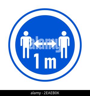 Mantenere la distanza 1 m o 1 metro rotondo Coronavirus adesivo di avvertenza o icona badge. Immagine vettoriale. Illustrazione Vettoriale