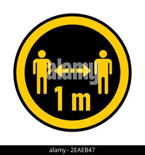 Mantenere la distanza 1 m o 1 metro rotondo Coronavirus adesivo di avvertenza o icona badge. Immagine vettoriale. Illustrazione Vettoriale