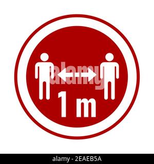Mantenere la distanza 1 m o 1 metro rotondo Coronavirus adesivo di avvertenza o icona badge. Immagine vettoriale. Illustrazione Vettoriale