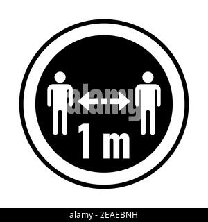 Mantenere la distanza 1 m o 1 metro rotondo Coronavirus adesivo di avvertenza o icona badge. Immagine vettoriale. Illustrazione Vettoriale
