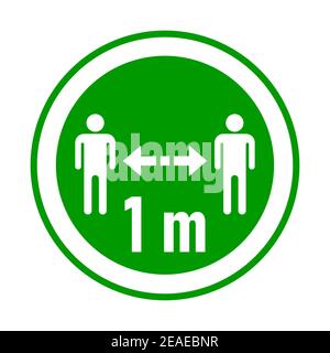 Mantenere la distanza 1 m o 1 metro rotondo Coronavirus adesivo di avvertenza o icona badge. Immagine vettoriale. Illustrazione Vettoriale