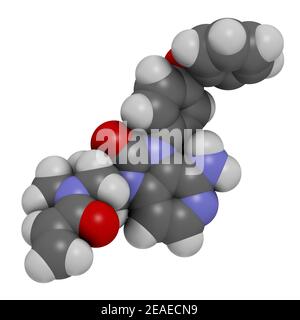 Tolebrutinib molecola di farmaco per sclerosi multipla. Rendering 3D. Gli atomi sono rappresentati come sfere con codifica a colori convenzionale: Idrogeno (bianco), carbonio Foto Stock