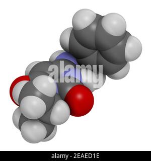 Molecola di farmaco di Mavacamten. Rendering 3D. Gli atomi sono rappresentati come sfere con codifica cromatica convenzionale: Idrogeno (bianco), carbonio (grigio), azoto (bl Foto Stock