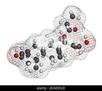 Molecola di farmaco di Clascoterone. Rendering 3D. Gli atomi sono rappresentati come sfere con codifica cromatica convenzionale: Idrogeno (bianco), carbonio (grigio), ossigeno (re Foto Stock