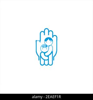 Il genitore è capretto hugging. Silhouette a mano dietro. Cura, supporto e protezione immagine vettoriale con icone di logo isolato. Illustrazione Vettoriale