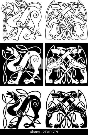 Lupi e cani in ornamento celtico per design retrò Illustrazione Vettoriale