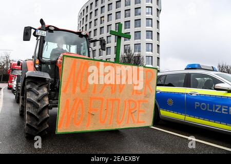 Friedrichshafen, Germania. 09 febbraio 2021. Con un poster che indica "No Farmer, No Future!" Sul suo trattore, un agricoltore dimostra nei dintorni dell'ufficio amministrativo distrettuale del distretto di Lake Constance contro la legge prevista per la protezione degli insetti. Circa 150 agricoltori con i loro trattori fanno il loro giro intorno all'ufficio distrettuale. Credit: Felix Kästle/dpa/Alamy Live News Foto Stock