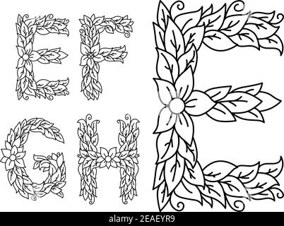 Lettere maiuscole floreali e, F, G e H per il design Illustrazione Vettoriale