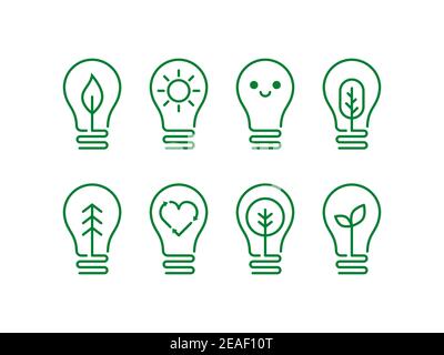 Set di icone di lampadine eco-compatibili. Bulbo con una foglia, un albero, un cuore, un sorriso, un sole. Concetto di energia verde. Logo, simbolo, zero emissioni. Vettore Illustrazione Vettoriale