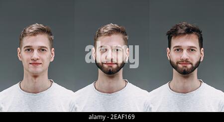 Biondo. Collage di uomo prima e dopo aver visitato barbershop, il cliente è deliziato con diversi tagli di capelli, baffi, barba. Concetto di cura del corpo, bellezza maschile, confronto. Rasatura, acconciatura, colorazione. Foto Stock