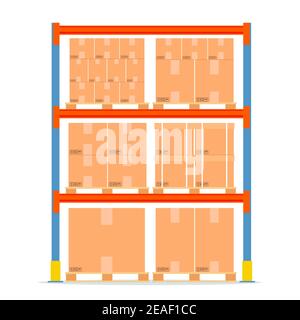Scaffali di magazzino con scatole. Icona delle apparecchiature di stoccaggio. Illustrazione Vettoriale