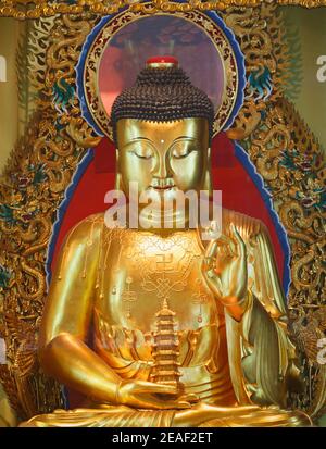 Hong Kong, Cina. Il Monastero buddista di po Lin, Isola di Lantou. Un Buddha nel tempio. Foto Stock
