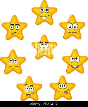 Icone di stelle gialle con diverse emozioni in stile cartoon Illustrazione Vettoriale