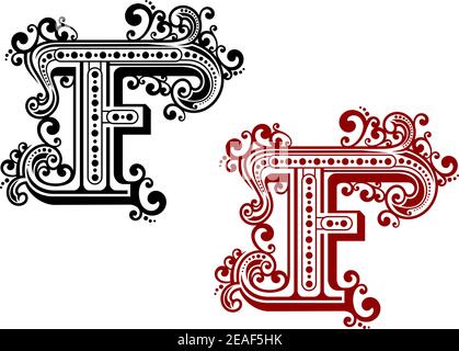 Lettera d'epoca F con elementi decorativi in stile medievale Illustrazione Vettoriale