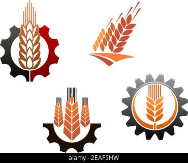Simboli per l'agricoltura impostati con orecchie per cereali e ingranaggi della macchina Illustrazione Vettoriale