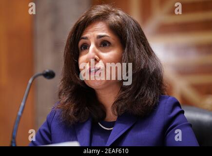 Neera Tanden testimonia dinanzi alla commissione per la sicurezza interna e gli affari governativi del Senato sulla sua nomina a direttore dell'Ufficio di Gestione e bilancio (OMB), durante un'audizione al Campidoglio degli Stati Uniti a Washington, DC martedì 9 febbraio 2021. Tanden è stato nominato dal presidente Joe Biden ed è responsabile della presentazione del bilancio del presidente al congresso. Foto di Leigh Vogel/Pool/Sipa USA Foto Stock