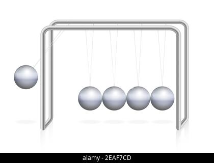 Newtons culla pendolo con palla di ferro in movimento, momento, energia. Esperimento fisico - illustrazione su sfondo bianco. Foto Stock