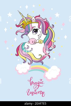 Carino cartone animato sognando unicorn con arcobaleno. Illustrazione vettoriale isolata su sfondo blu. Compleanno, concetto di festa. Per adesivi, ricami, design, Illustrazione Vettoriale